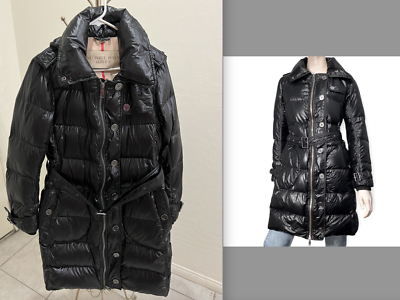 BEAUTIFUL Burberry Brit Black Glossy Belted Goose Down Quilted Zip Puffer Coat