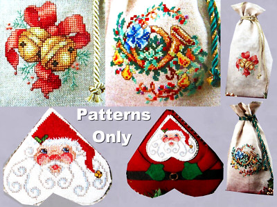 Golden Jingle Bells French Horn Flowers Ho Ho Santa CROSS STITCH PATTERNS