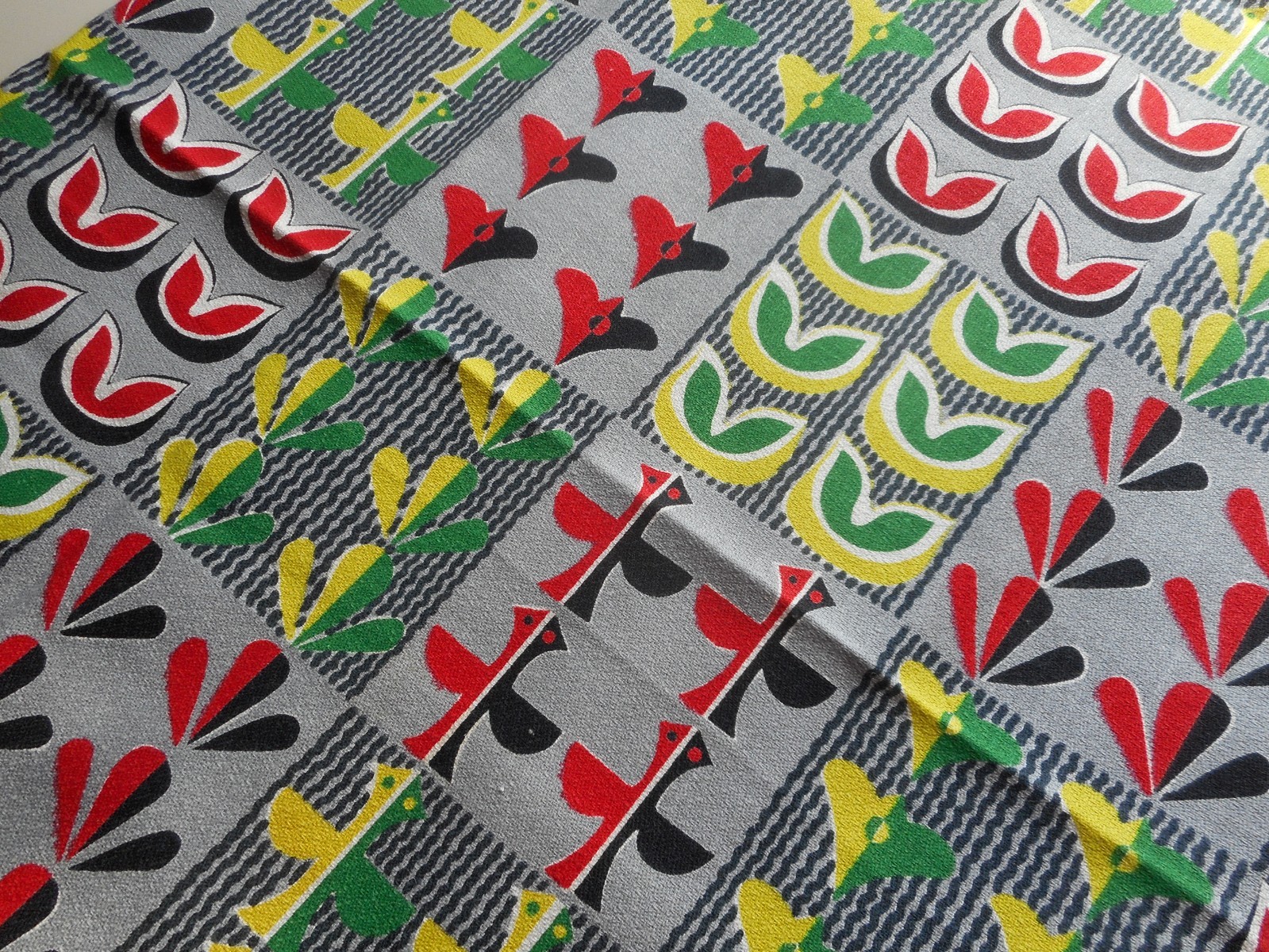Vintage Mid Century Red, Chartreuse, Green Black Grey Abstract Pattern Barkcloth