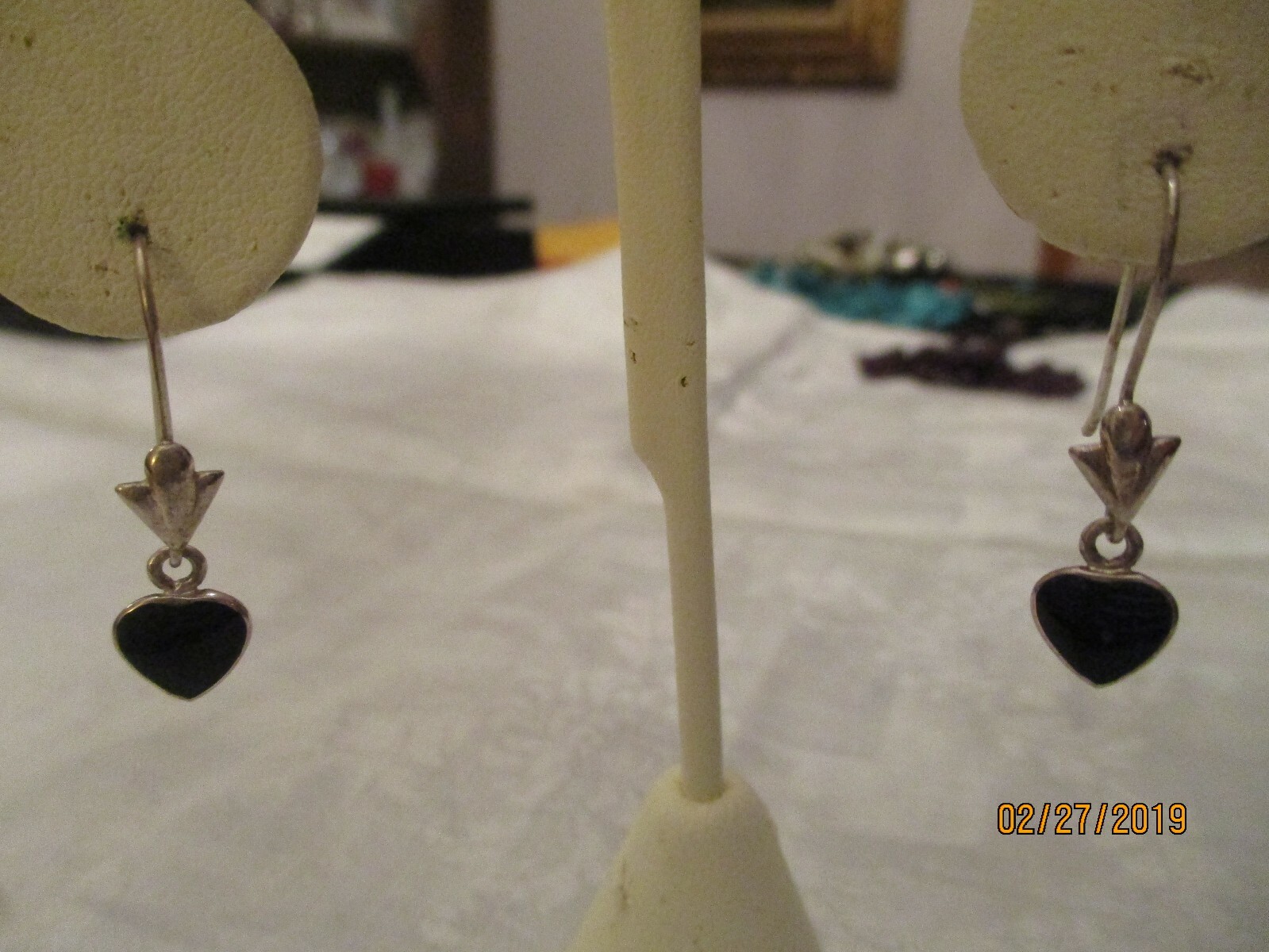 Vintage sterling silver black onyx heart dangle earrings