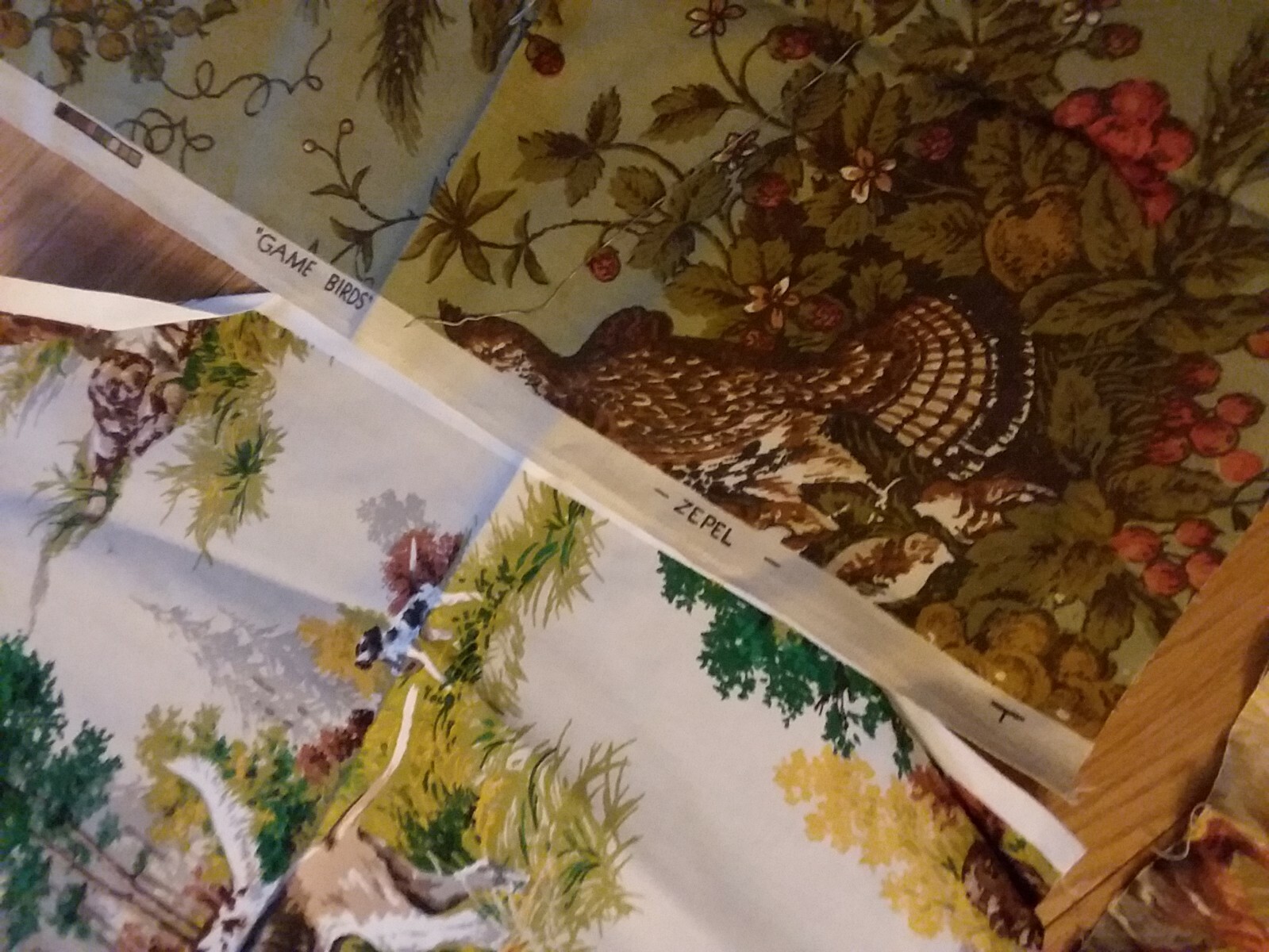 Lot Vintage Barkcloth 3 Pcs. Cotton Fabric Dogs Hunting Quail