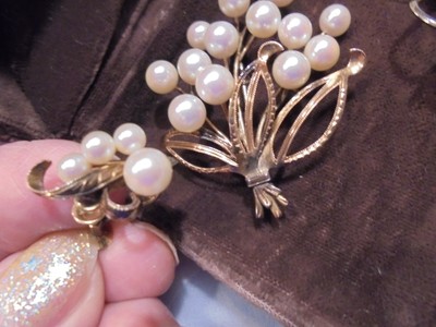 14 KT GOLD PEARL VICTORIAN EUROPEIAN BROOCH EARRING SET