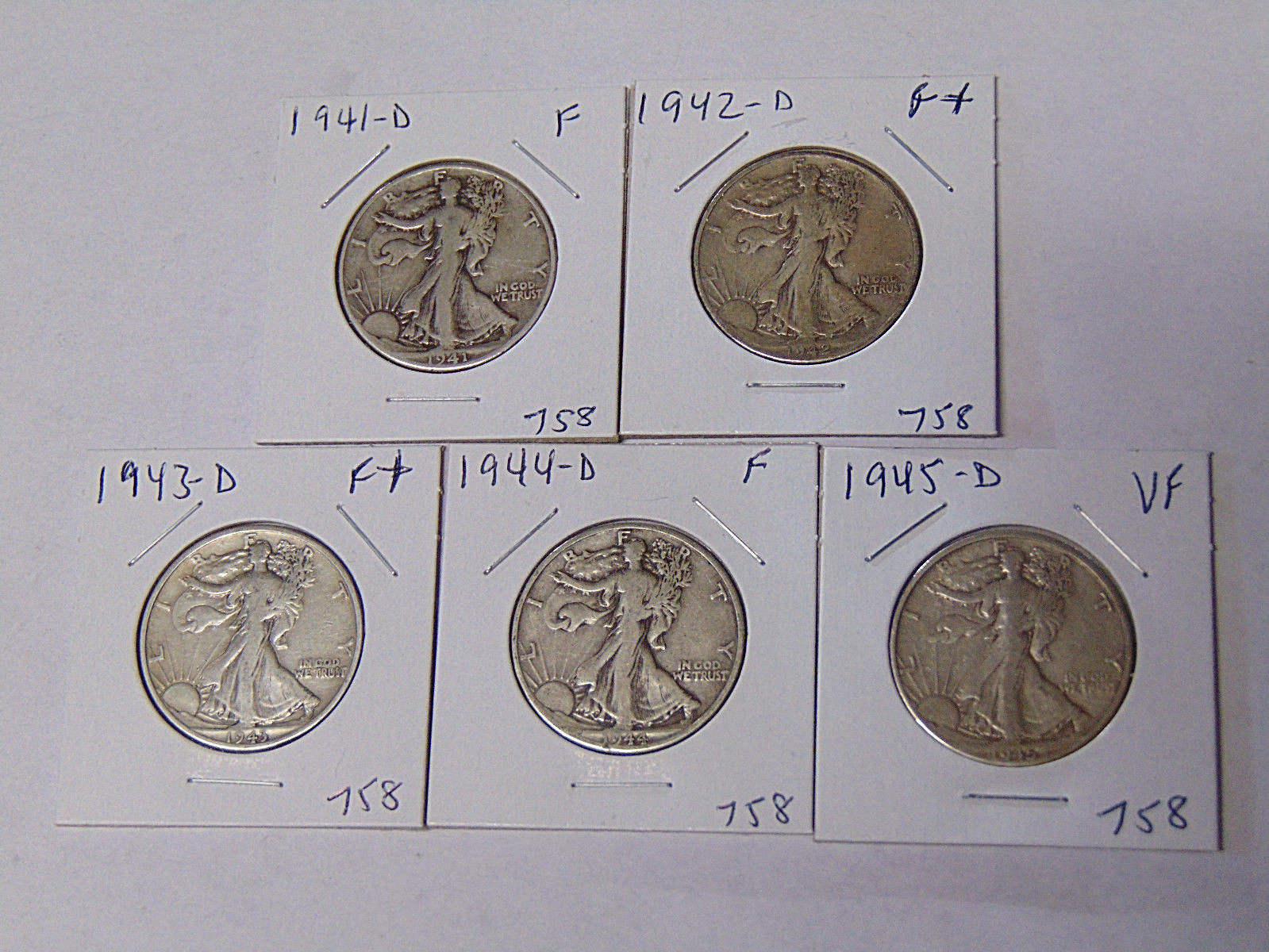 Lot of 5 Walking Liberty Half Dollars 1941-D 1942-D 1943-D 1944-D 1945-D Fine