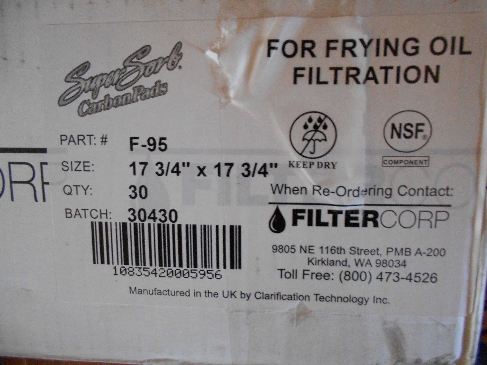 Filtercorp Super Sorb Carbon Pad for Frying Oil Filter F-95 - 17 3/4” X 17 3/4”