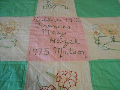ANTIQUE VINTAGE PINK & GREEN QUILT W/  EMBROIDERED FLOWERS ( W/ PROVENANCE)