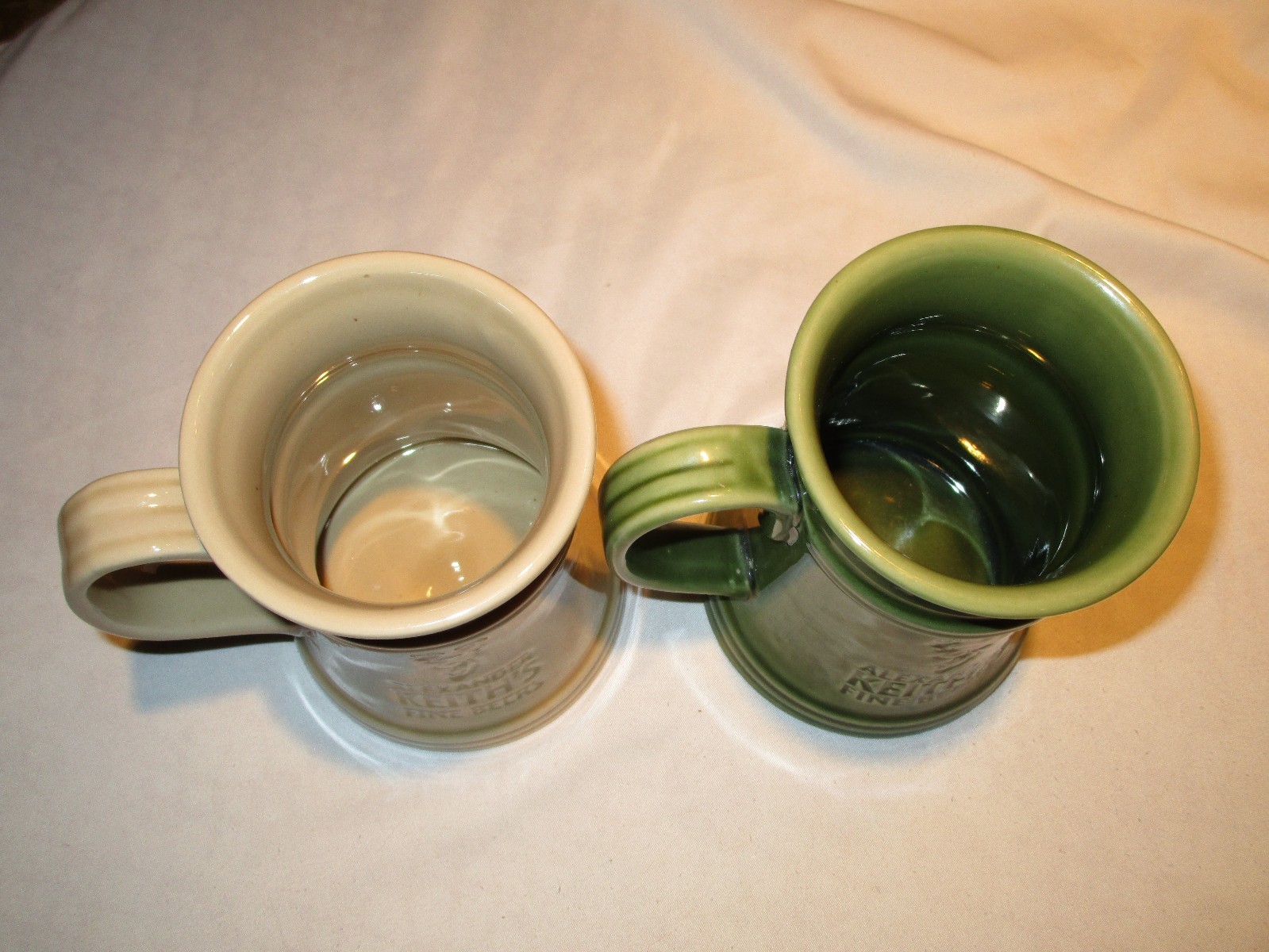2 Alexander Keith's Fine Beers heavy mug. Cream, moss green beer mug/ stein   5