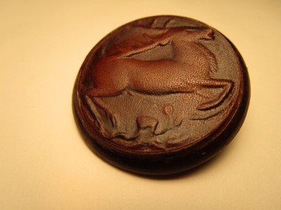 One (1) Leather Button with Leaping Stag - Deer - Hart 1-1/2