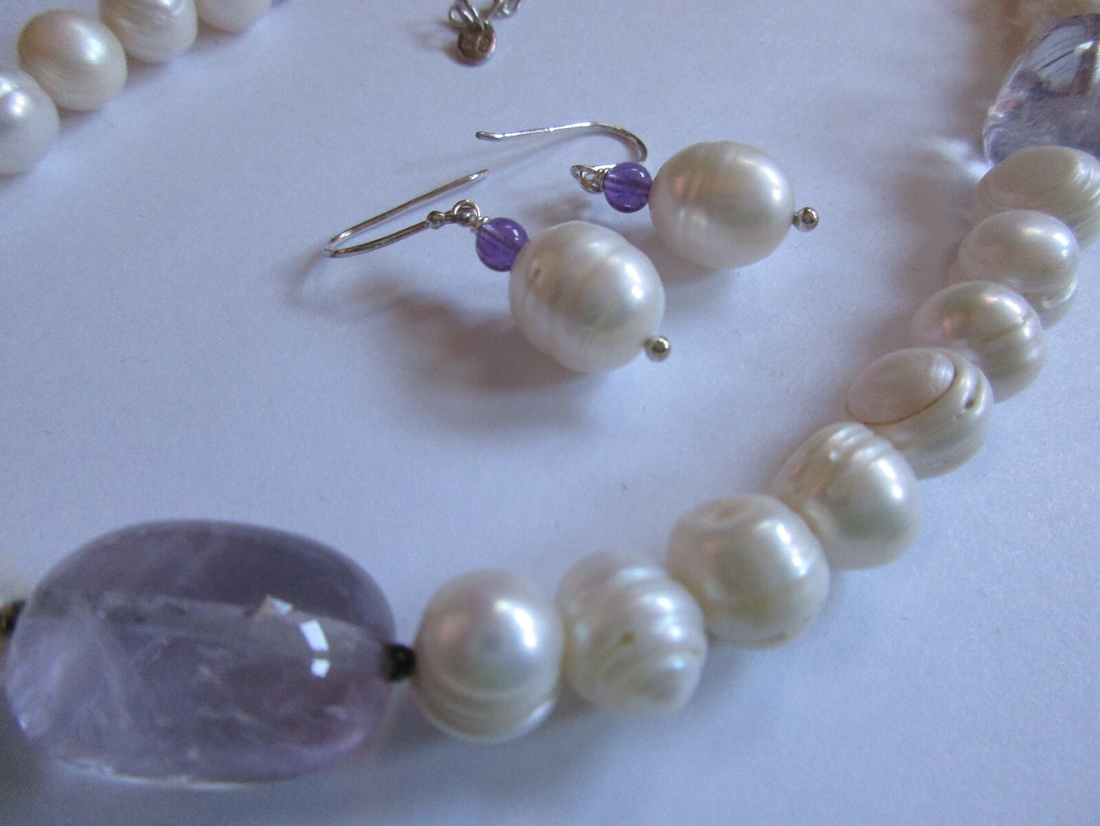 RINGED PEARL AND AMETHYST STONE NECKLACE & EARRINGS-STERLING SILVER