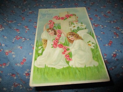 Old Postcard  A Joyous Easter 2 Angels Decorating Cross Upper Corner Crease