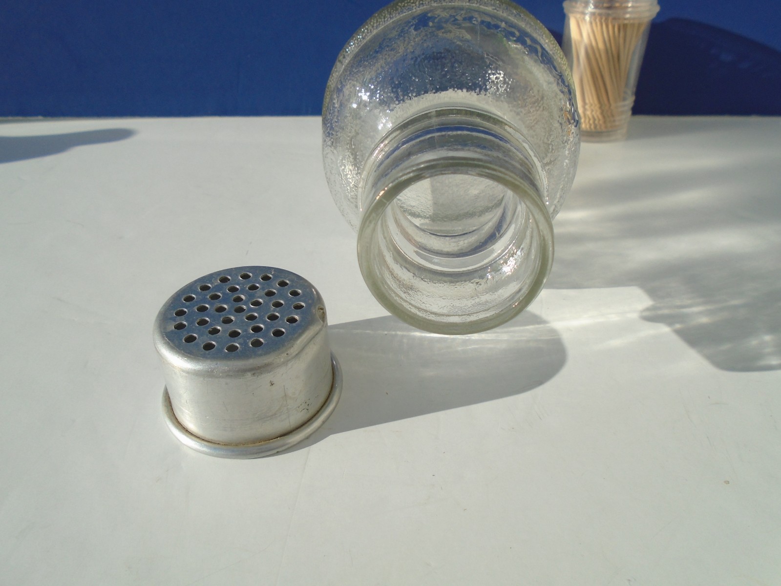 Vintage MOUQUIN Liquor Glass Bottle Shaker MID CENTURY BARWARE Aluminum Strainer