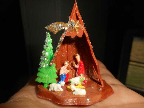 Vintage Miniature Plastic Nativity Set Made in Hong Kong Original Box Glitter