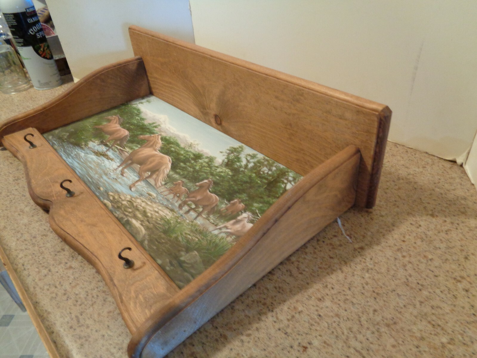 Wooden Vintage Wall Shelf Key Holder with Horse Print and 3 Hooks