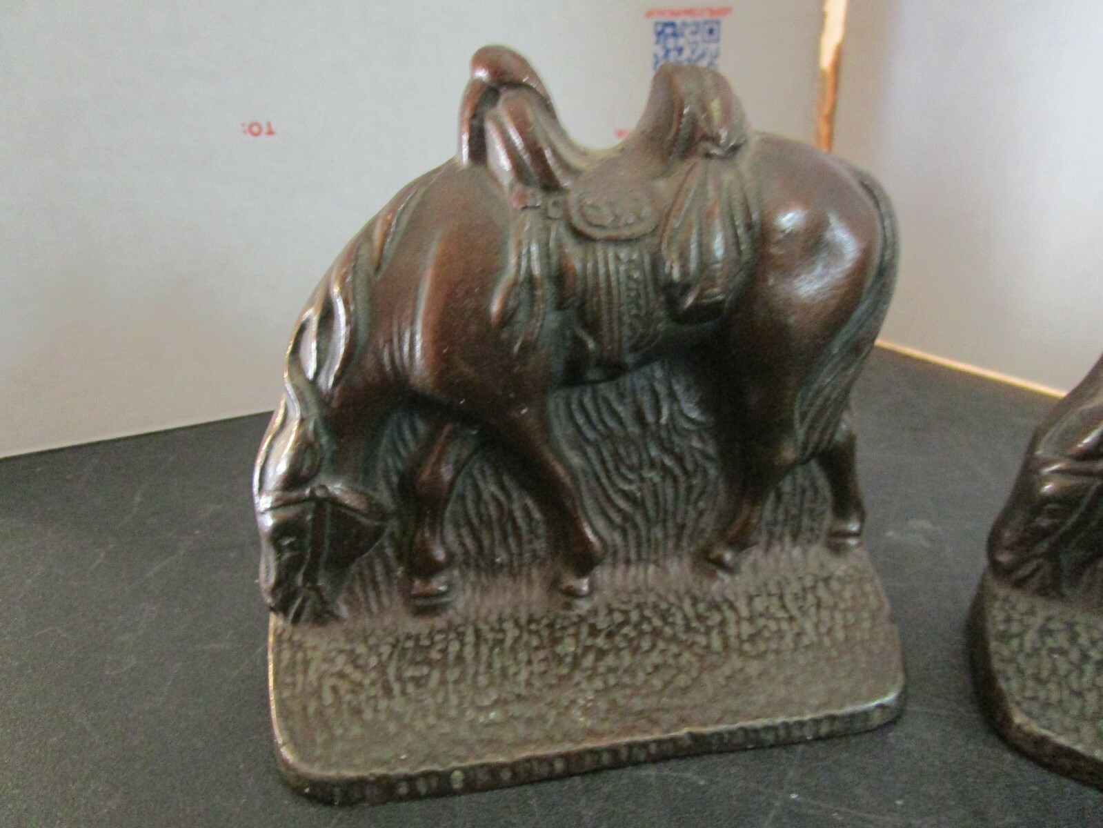Vintage Cast Iron Horse Grazing Saddle Bronze Tone Book Ends