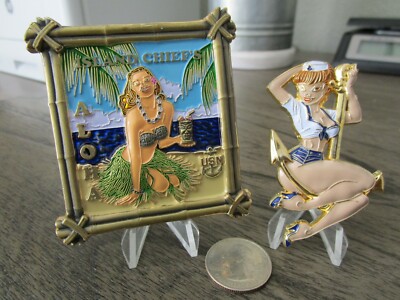 Island Chief Tiki Hut Hawaii CPO USN & Sexy Pin Up Sailor Girl Challenge Coins 