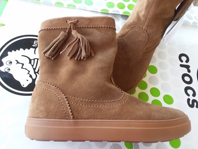 CROCS LODGEPOINT SUEDE PULL ON CROCBAND WINTER HIGH SNOW BOOT~Brown Tan~W 8~NEW