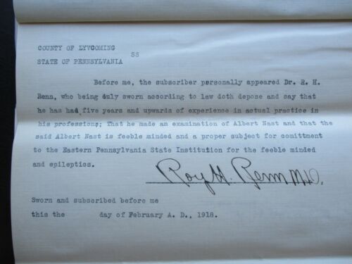 1917 Pennhurst School/Hospital (story of Feeble Minded 15 year old) document lot