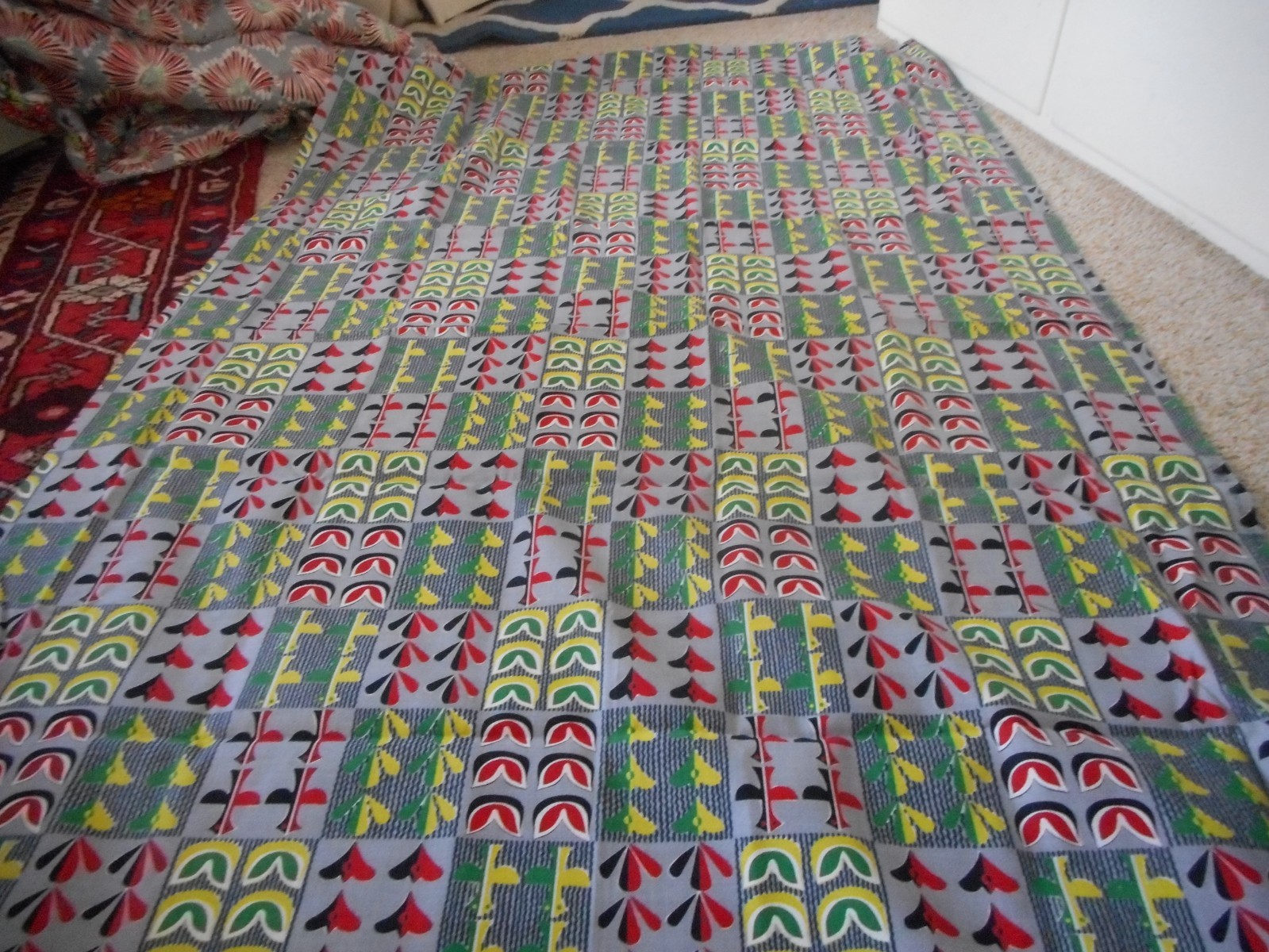 Vintage Mid Century Red, Chartreuse, Green Black Grey Abstract Pattern Barkcloth