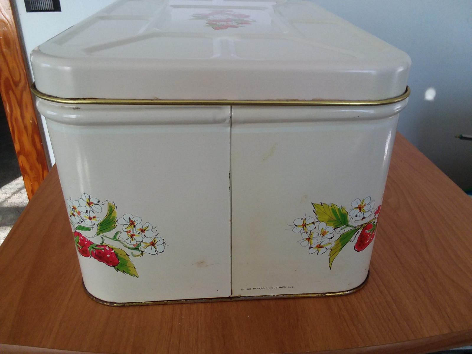 PENTRON IND. 1981 STRAWBERRY DESIGN METAL BREAD BOX 13 1/2