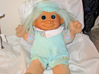 12 inch Plush Troll Boy Doll light green hair trolls blue eyes overalls Russ guc
