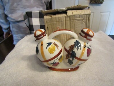 Vintage NASCO Japan Ceramic Vinegar & Oil Hand Painted Fruit Cruet Set MIB NOS