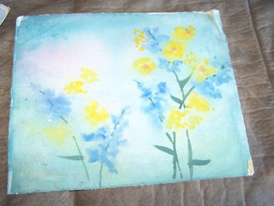 Original Watercolor By Peg Humphreys, Yellow Flowers, blue background 11"x13.5"