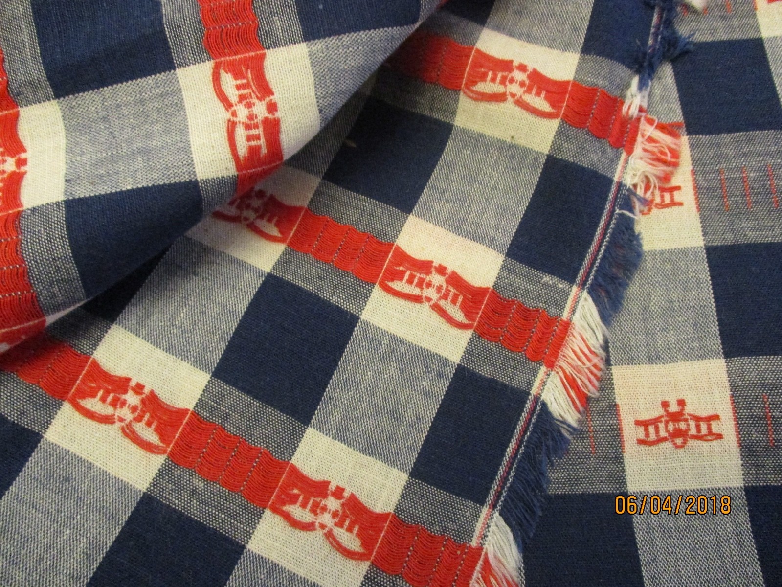 3 yds OLD FASHION WOVEN PLAID FABRIC BI PLANE patriotic red white blue vintage