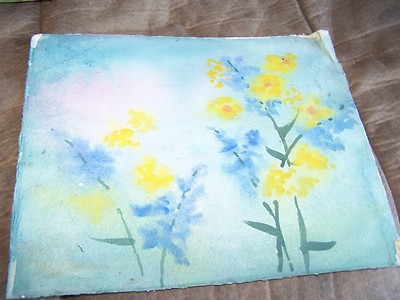 Original Watercolor By Peg Humphreys, Yellow Flowers, blue background 11"x13.5"