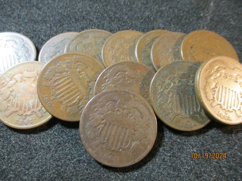 13 1864 2 CENTS GRADE GOOD PLUS 13 COINS