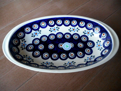 HAND PAINTED POLISH POTTERY PEACOCK OVAL SERVING BOWL# 2