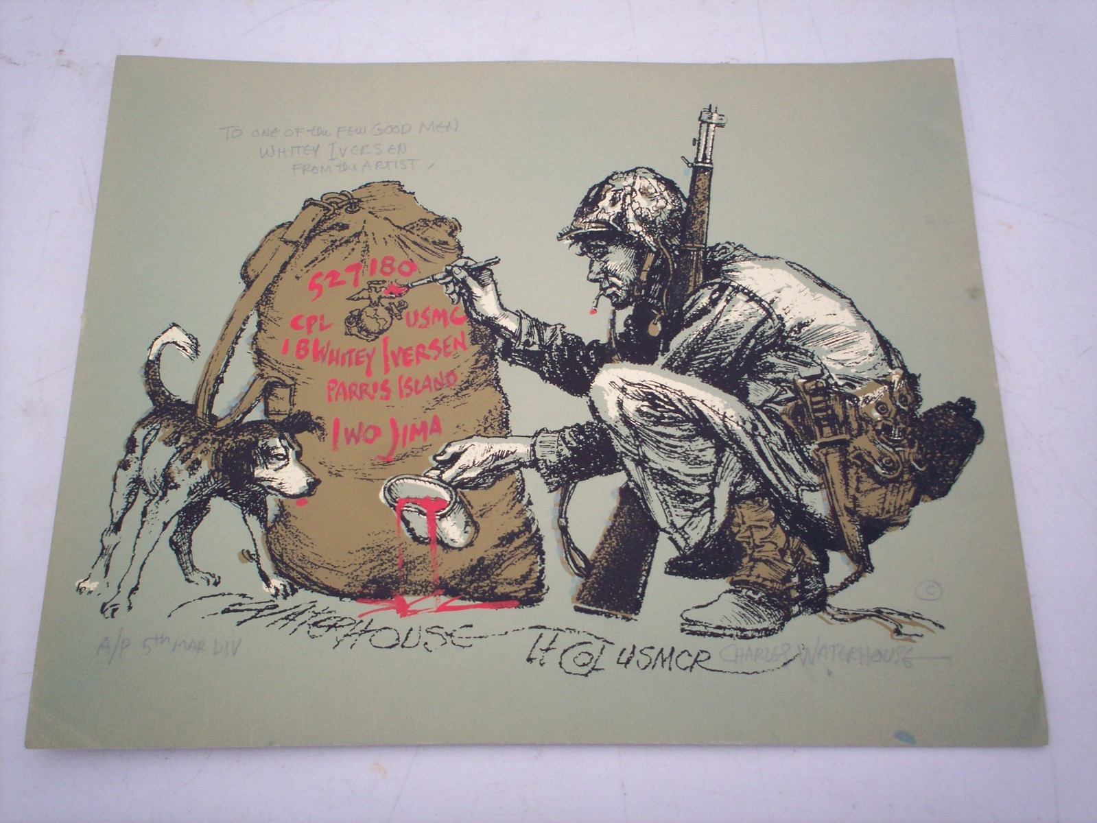 Original Charles Waterhouse Lithograph WWII Marine Corp  Inscribed and Signed
