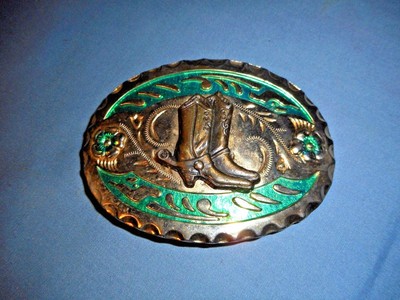 Boots on Green & Goldtone Metal Belt Buckle