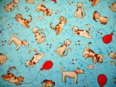 Cotton Fabric 1 Yard Dogs Cats Balls Balloon Blue Happy Town Henry Glass #C