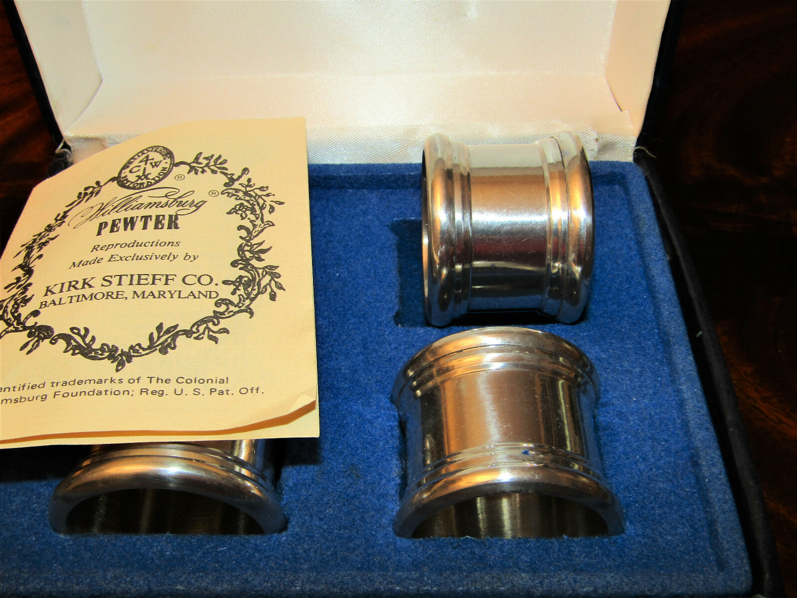 4 Vintage Kirk Stieff Williamsburg Pewter Napkin Rings Boxed Set Unused