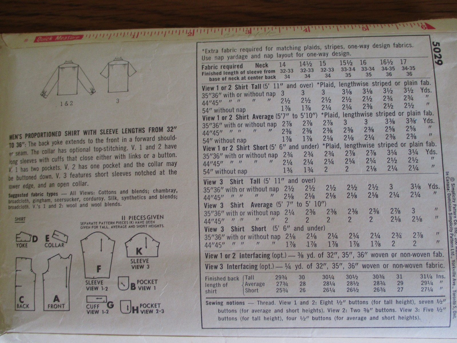 Vintage 1970's Simplicity CUT Men's Shirt Pattern-Neck 15 1/2