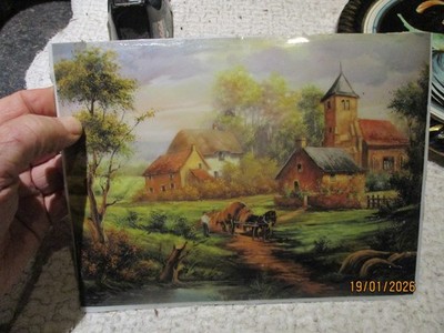 Ancienne Oeuvre NURASKA Procédé Cadem plaque Inox Peinture Village en Campagne