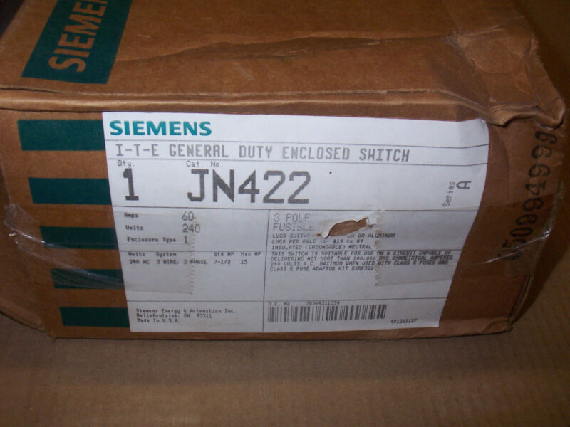 New Siemens Jn422 60 Amp 240v Fused Type 1 3 Pole Safety Switch Disconnect