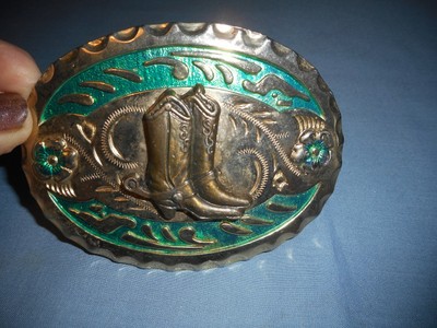 Boots on Green & Goldtone Metal Belt Buckle