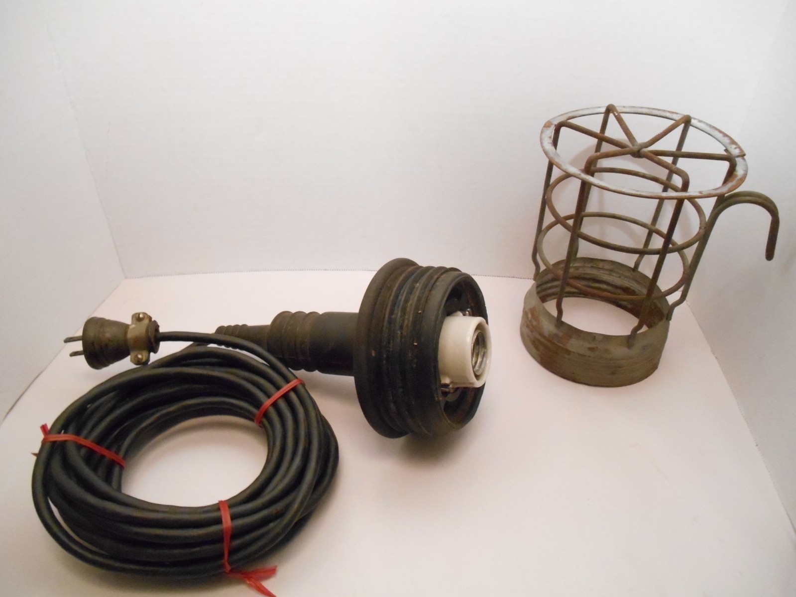 Vintage Industrial Mechanics Trouble Light with Metal Cage and Hook