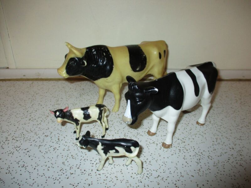Vintage Farm Country Figures Animal Bull and Cows Farmer Plastic 4 pc Lot