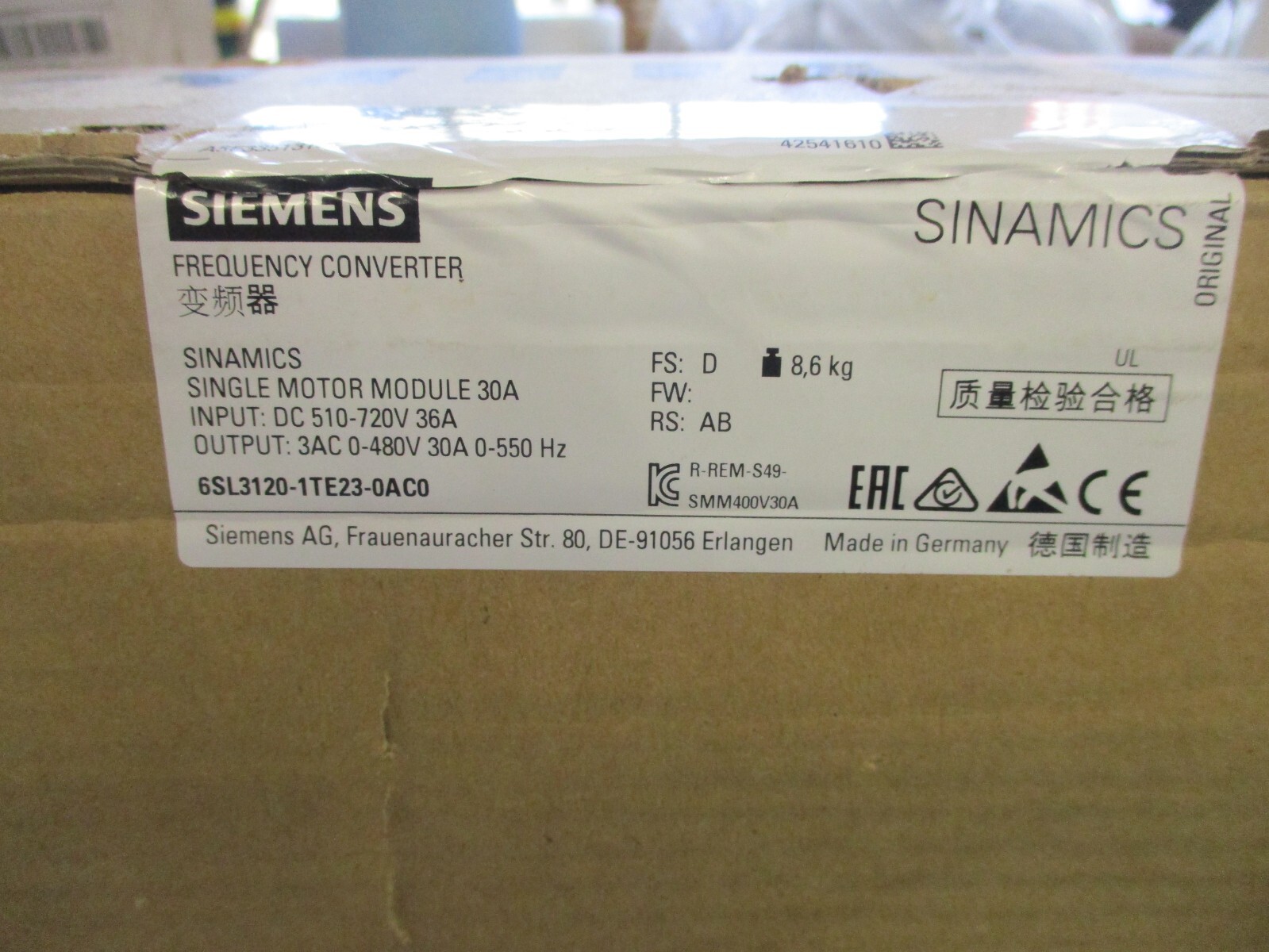 NIB Siemens Sinamics Single Motor Input Module  30A      6SL3120-1TE23-0AC0
