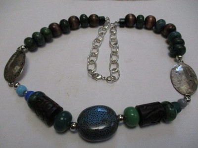 Vintage  Assorted Turquoise Blue GEMSTONE Brown Wooden Ceramic Beaded Necklace