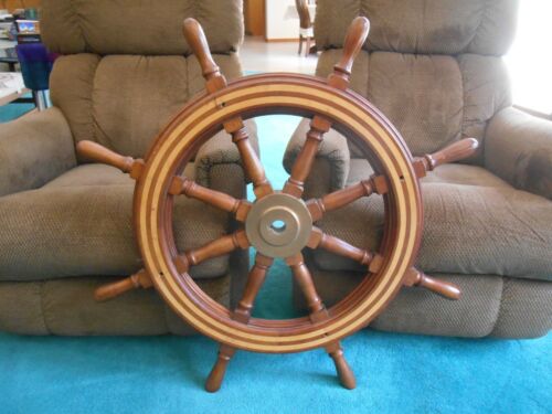 Ships wood wheel 37 38" dia maritime salvaged with inlay nautical