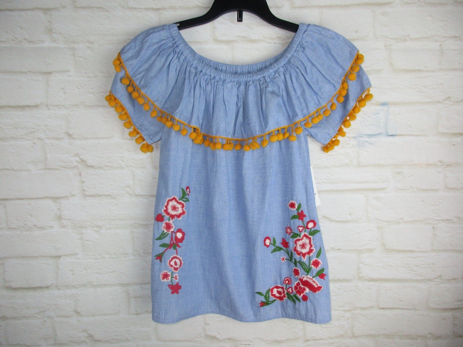 Crown & Ivy Girls Blue Mustard Yellow Ball Fringe Embroidered BOHO Off Shoulder