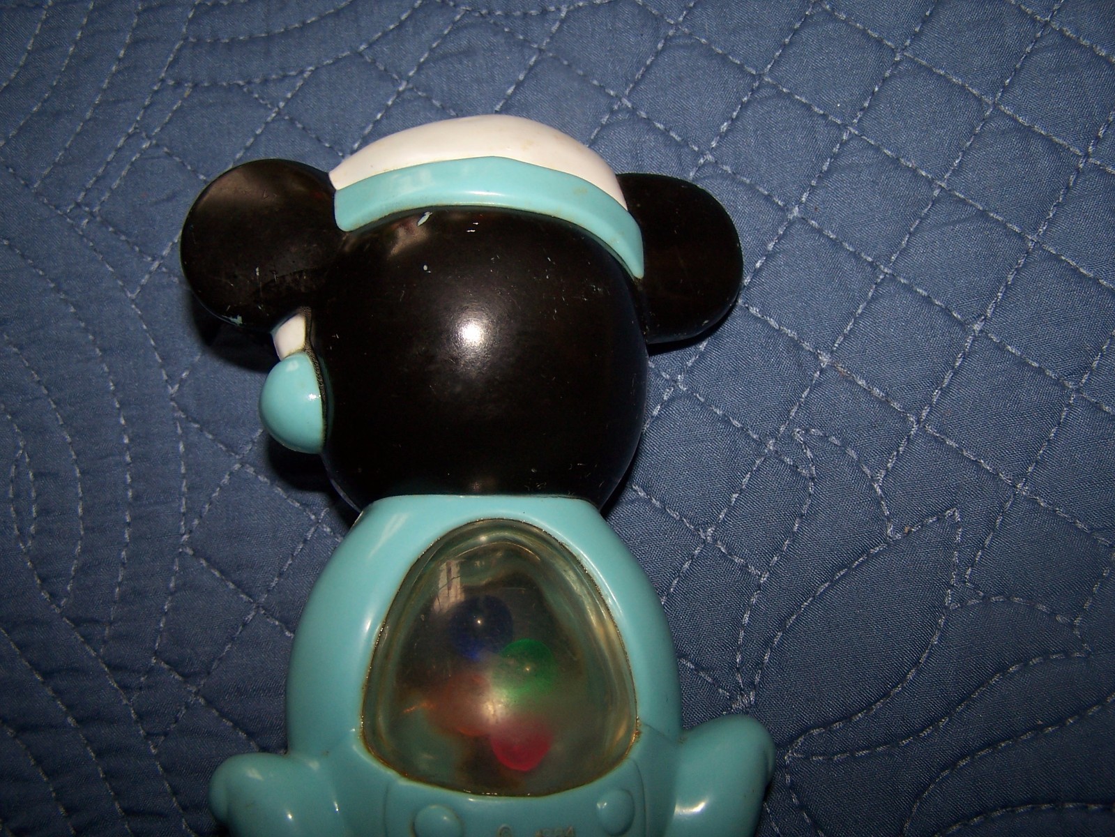 MICKEY MOUSE Blue Baby Rattle 1984 with yellow Suction Cup Stand