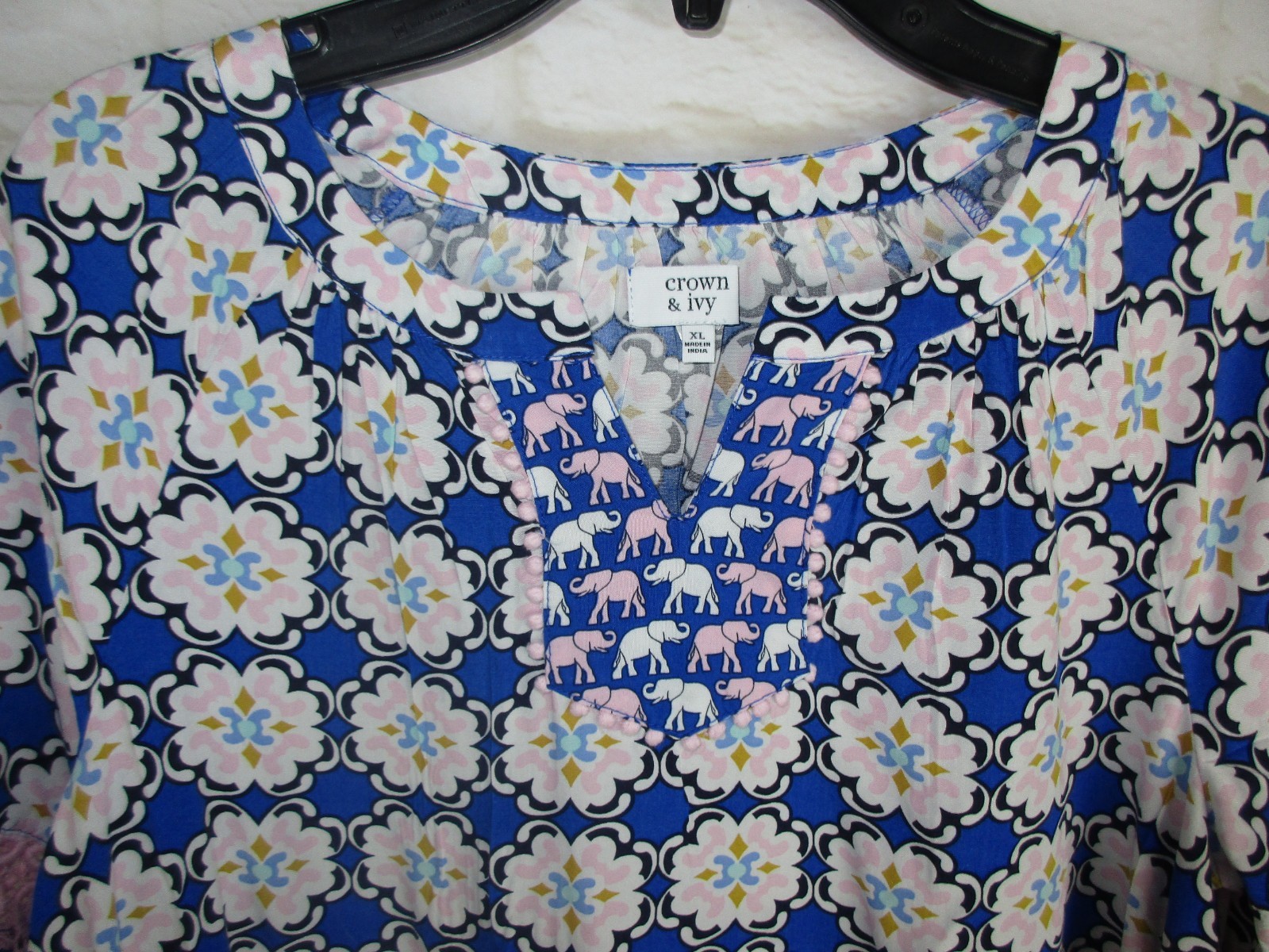 Crown & Ivy Girls size XL Elephant Floral Print Blue Pink Crochet Sleeve Tunic