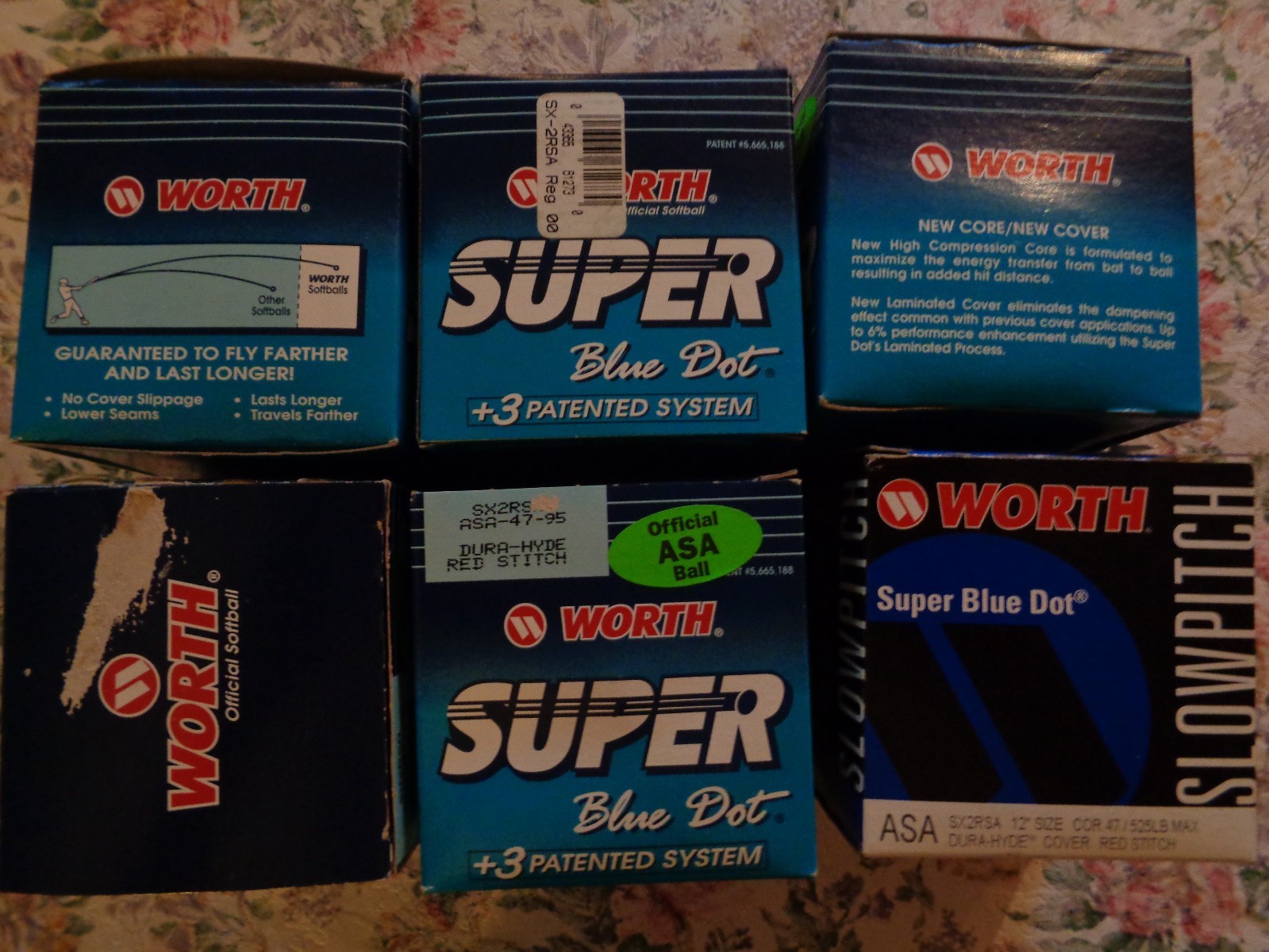 lot of 6 ASA softballs 1 slowpitch , 5 Super blue dot ASA 47-95 all in box