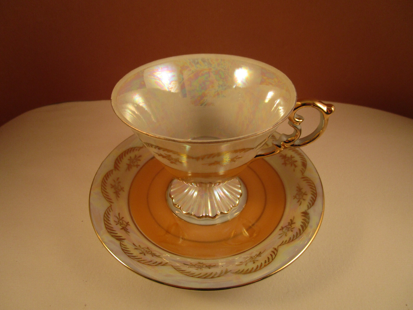Vintage Japan HI56 Orange Lustre Iridescent Gold Flower Tea