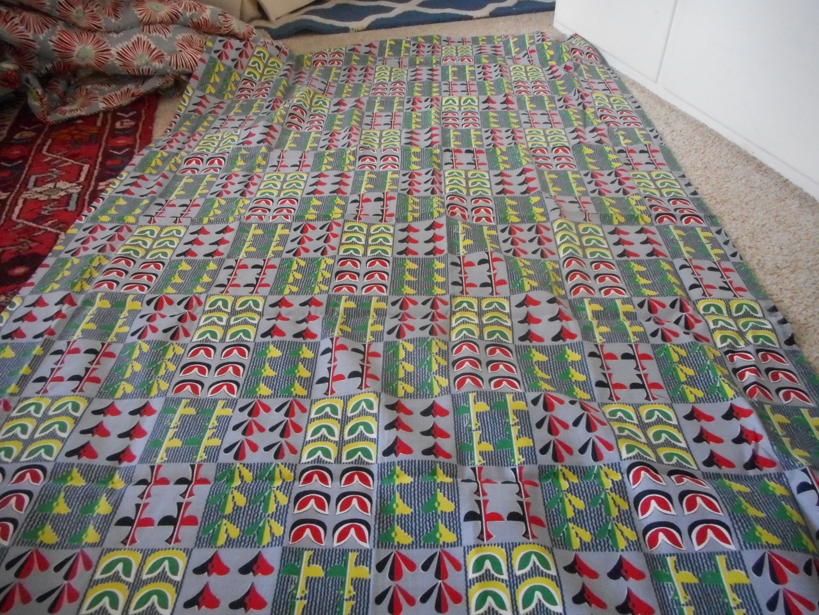 Vintage Mid Century Red, Chartreuse, Green Black Grey Abstract Pattern Barkcloth