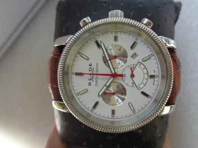 RARE WHITE DIAL SWISS EB BLADE LENS CRYSTAL MENS QUARTZ CHRONOGRAPH WRISTWATCH