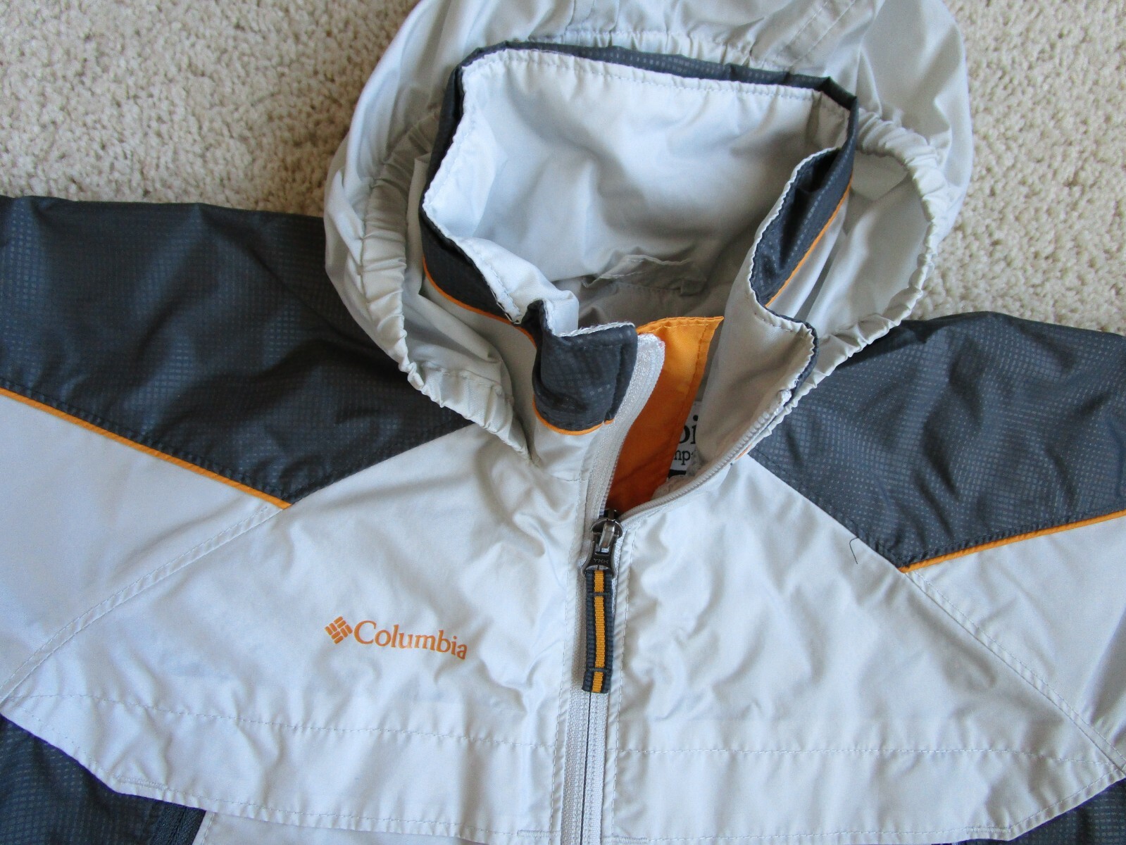 Columbia youth boys windbreaker jacket rain coat 10/12 Gray Orange Packable EUC